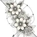 flowers with abstract architectural lines and north arrow for the shoulder tattoo design idea