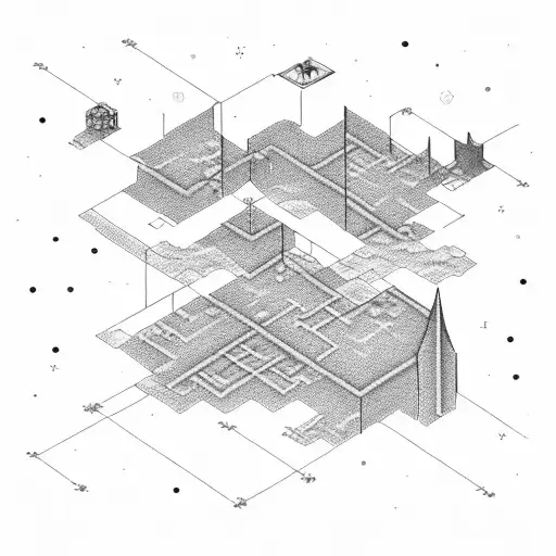 A black-grey tattoo of a civil engineer holding a blueprint, with a constellation of their favorite video game characters in the night sky above. tattoo design idea