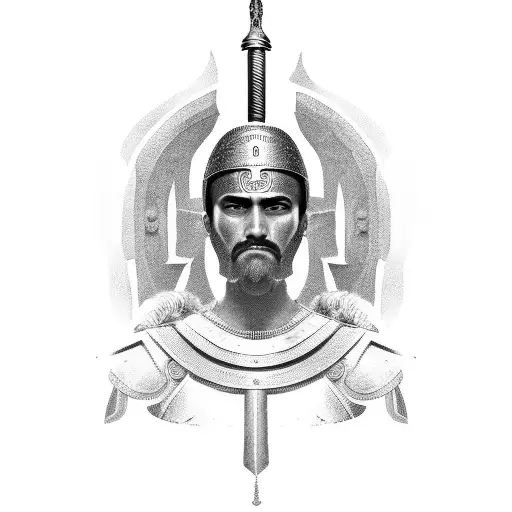 A detailed portrait of a Greek warrior in full armor, inspired by ancient Greece mythology tattoo design idea