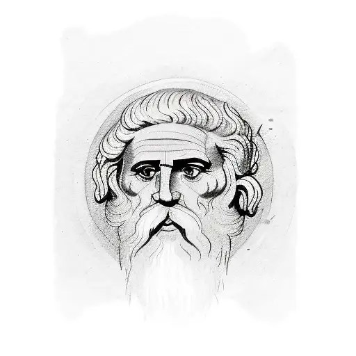 A sketch-style tattoo of a famous Greek philosopher, surrounded by ancient script and scrolls tattoo design idea