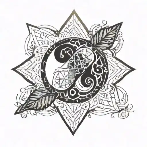 A geometric interpretation of the Cancer and Pisces symbols intertwined in a mandala design, symbolizing the harmony between the two zodiac signs tattoo design idea