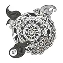 A geometric interpretation of the Cancer and Pisces symbols intertwined in a mandala design, symbolizing the harmony between the two zodiac signs tattoo design idea