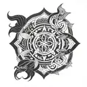 A geometric interpretation of the Cancer and Pisces symbols intertwined in a mandala design, symbolizing the harmony between the two zodiac signs tattoo design idea