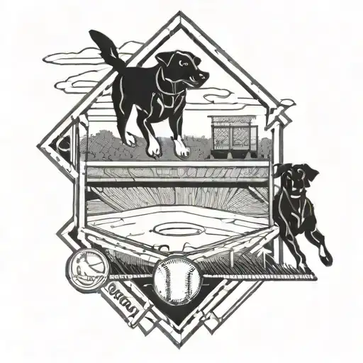 A blackwork tattoo of a baseball diamond with a dog running the bases tattoo design idea