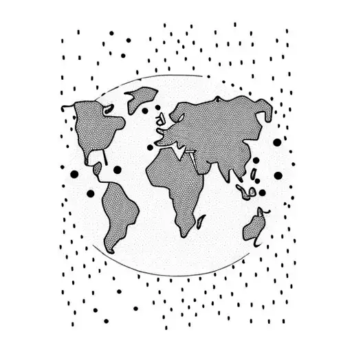 A minimalist tattoo of a world map with dotted lines connecting various travel destinations, incorporating a dragon silhouette tattoo design idea