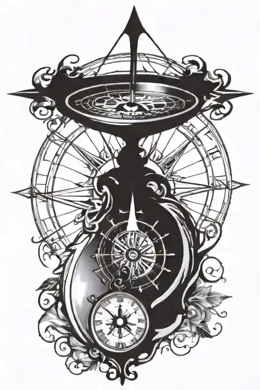 A tattoo design for the left forearm with a compass rose in the center. Below, a clock with an eye on the tattoo design idea