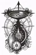 A tattoo design for the left forearm with a compass rose in the center. Below, a clock with an eye on the tattoo design idea