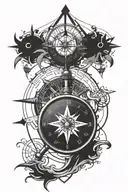 A tattoo design for the left forearm with a compass rose in the center. Below, a clock with an eye on the tattoo design idea