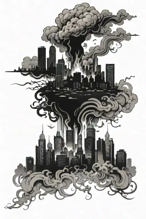 walking through a burning city skyline silhouette tattoo design idea