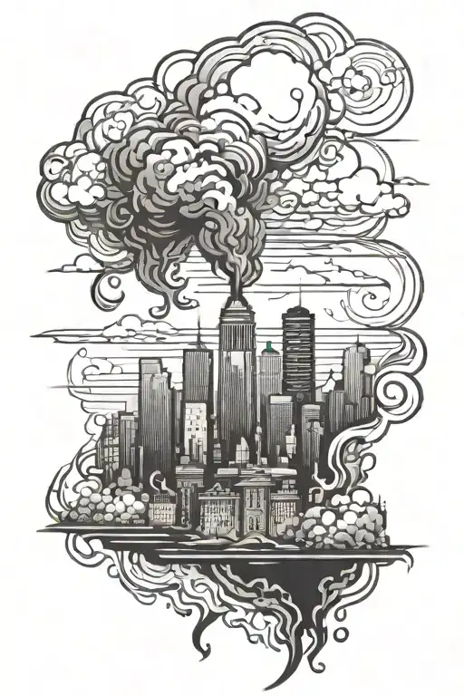 walking through a burning city skyline tattoo design idea