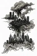 walking through a burning city skyline silhouette tattoo design idea