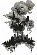 walking through a burning city skyline silhouette tattoo design idea