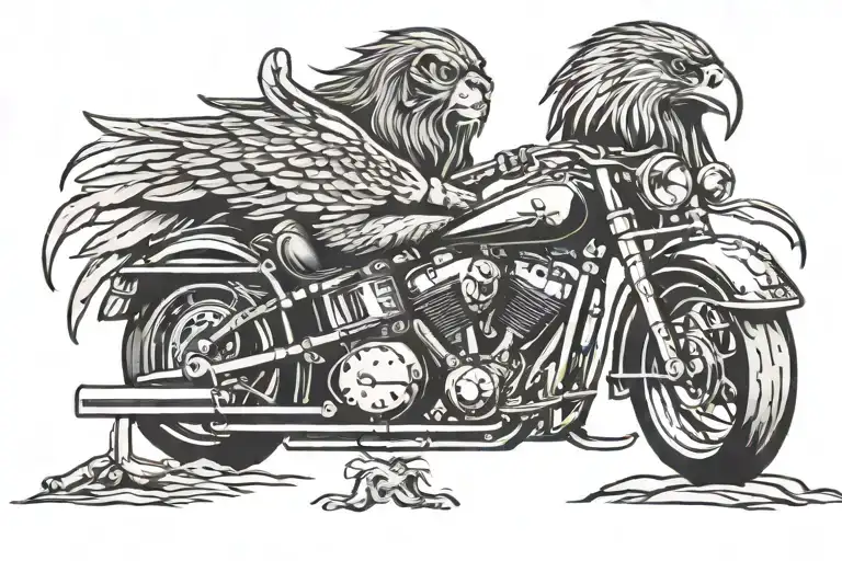 shovel head motorcycle, eagle, lion tattoo design idea