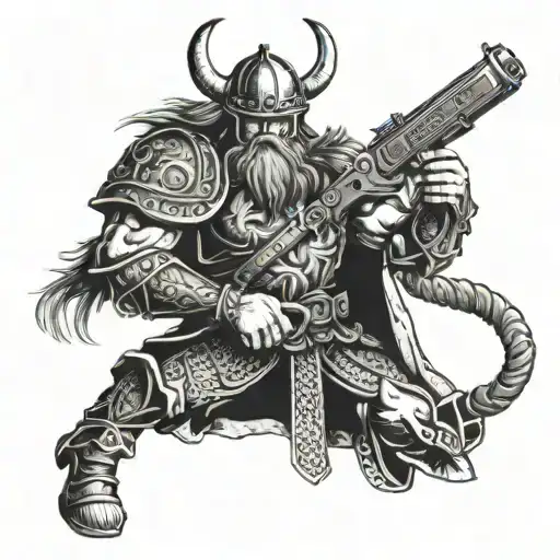 Combine a Viking warrior with a mechanical arm holding a gun, symbolizing the fusion of ancient and modern technologies tattoo design idea