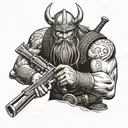 Combine a Viking warrior with a mechanical arm holding a gun, symbolizing the fusion of ancient and modern technologies tattoo design idea