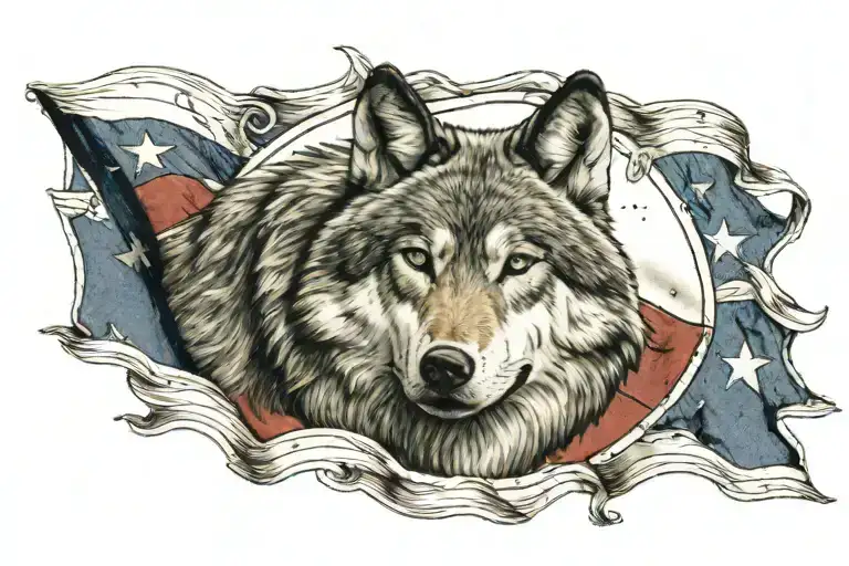 Wolf head in front of texas flag waving tattoo design idea