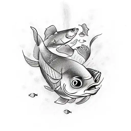 A sketch-style tattoo of a school of fish swimming in the shape of a musical note, combining your interests in music and fish. tattoo design idea