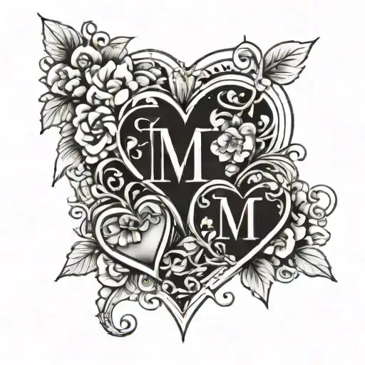 "Tattoo: 3 hearts (E, T, M initials), surrounded by floral elements, black & white line art." tattoo design idea
