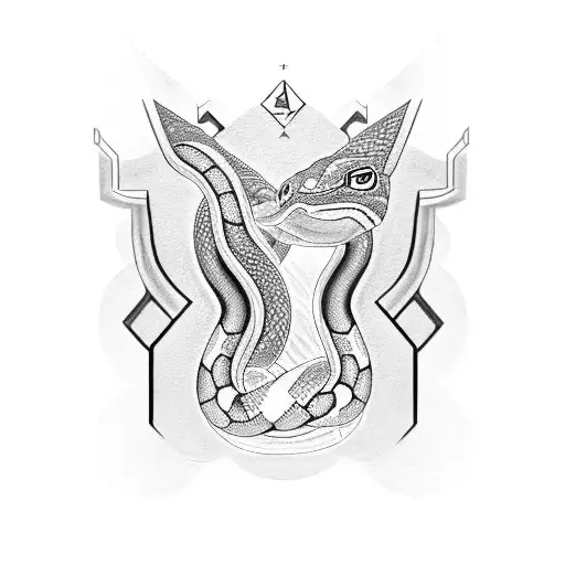 Design a black and grey tattoo depicting a snake intertwined with Egyptian hieroglyphics, symbolizing the power of the oracle tattoo design idea