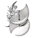 A crescent moon made of flowers with an arrow through it tattoo design idea