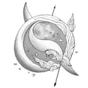 A crescent moon made of flowers with an arrow through it tattoo design idea