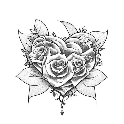 A heart-shaped bouquet of flowers with vines wrapping around it tattoo design idea
