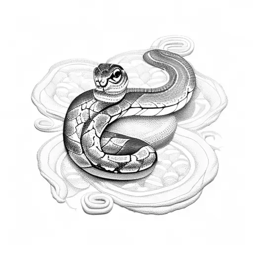 A dotwork design of a snake surrounded by various types of flowers tattoo design idea