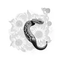 A dotwork design of a snake surrounded by various types of flowers tattoo design idea