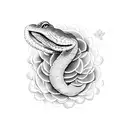 A dotwork design of a snake surrounded by various types of flowers tattoo design idea