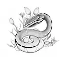 A dotwork design of a snake surrounded by various types of flowers tattoo design idea
