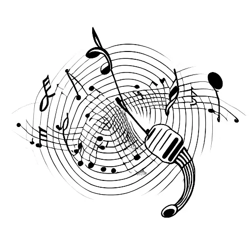 A minimalist tattoo of a music note intertwined with a delicate sketch of a microphone. tattoo design idea