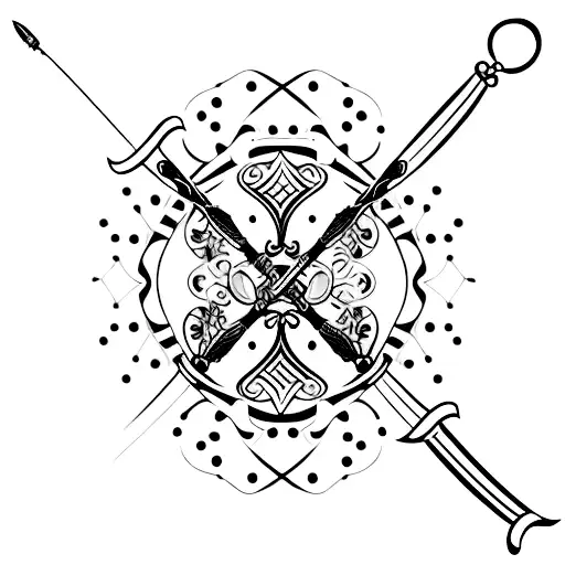 A minimalist tattoo of a fencing sword crossed with a paintbrush, representing the client's passion for both fencing and sketching. tattoo design idea
