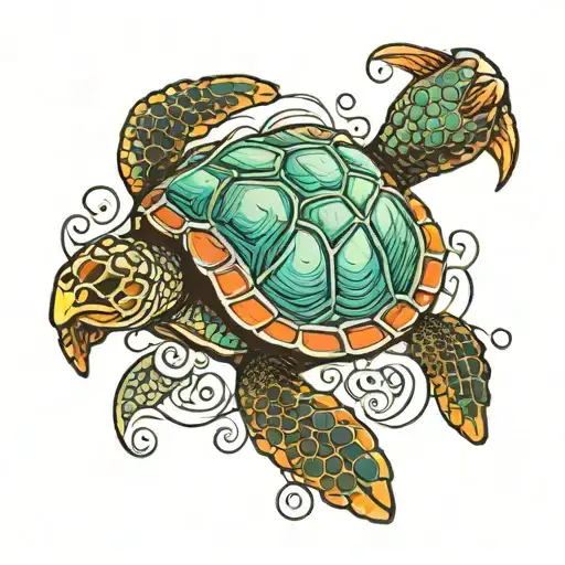 An intricate colorful tattoo of a sea turtle swimming gracefully in the deep ocean tattoo design idea