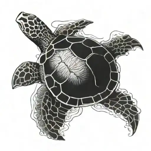 An intricate blackwork tattoo of a sea turtle swimming gracefully in the deep ocean tattoo design idea