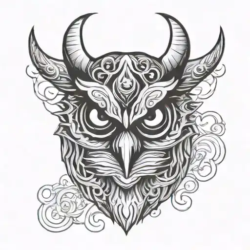oni mask owl face morphing tattoo design idea