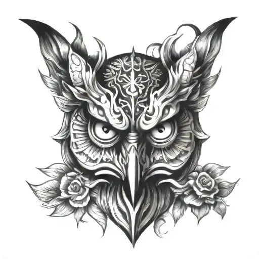half oni mask half owl face tattoo design idea