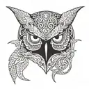half oni mask half owl face tattoo design idea