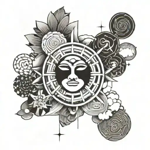 Japanese sun, moon, clouds and patterns tattoo design idea