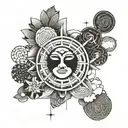Japanese sun, moon, clouds and patterns tattoo design idea