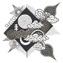 Japanese sun, moon, clouds and patterns tattoo design idea