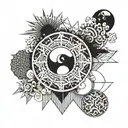 Japanese sun, moon, clouds and patterns tattoo design idea