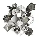 Japanese sun, moon, clouds and patterns tattoo design idea