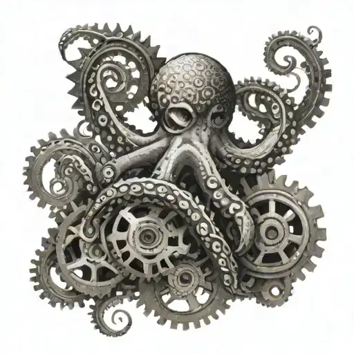 Create a dotwork tattoo of an octopus gracefully dancing amidst gears and machinery, symbolizing the client's occupation as a millwright tattoo design idea