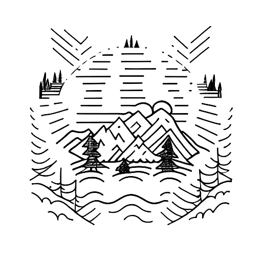 A minimalist tattoo of a group of friends camping in a foggy forest tattoo design idea