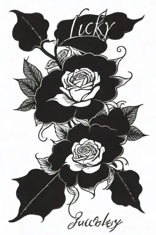 written in italics "lucky in my unlucky" with some roses tattoo design idea