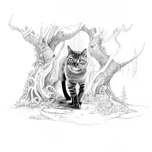 A cat exploring a mystical forest tattoo design idea