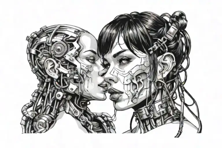 young women face, cybernetic neck, cables, actuators, black hair whit bangs, XIII tatoo in face, big lips, beautiful eye tattoo design idea