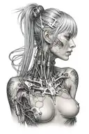 woman, cybernetic neck, cables, actuators, long hair with movement, bangs, grey hair, cybernetic eyes, front view tattoo design idea