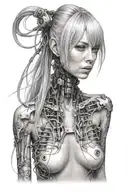 woman, cybernetic neck, cables, actuators, long hair with movement, bangs, grey hair, cybernetic eyes, front view tattoo design idea