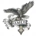 An eagle perched on a cross, with a banner that says 'Family' wrapped around the cross tattoo design idea